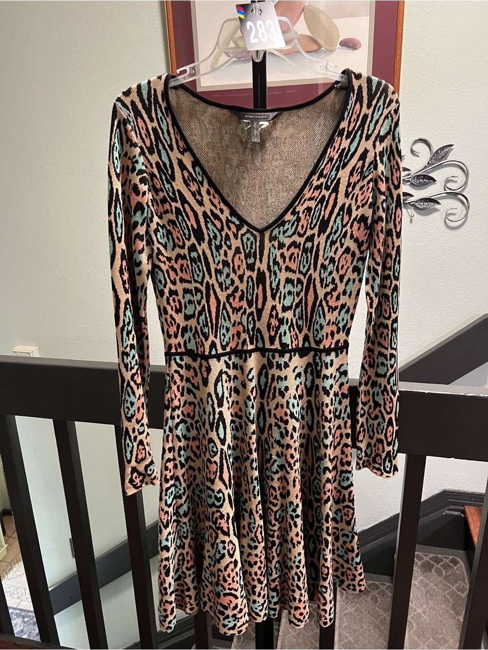 BCBGMaxAzria Peach & Mint Animal Print V-Neck Long Sleeve Skater Dress#283